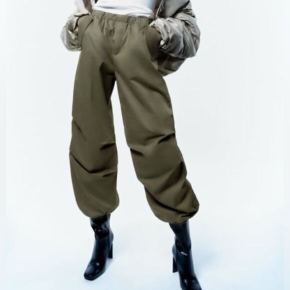 Zara Dark Khaki Parachute Pants New - Picture 2 of 7
